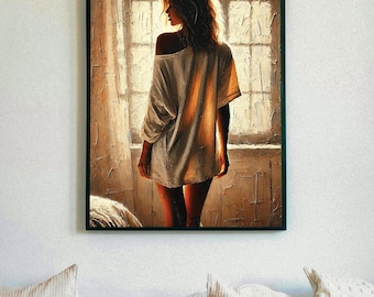 May include: A painting of a person standing in front of a window. The person is wearing a white shirt and has their back to the viewer. The window is letting in sunlight, which is illuminating the person's hair and shirt.