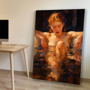 Impressionist Digitale Wandkunst | AI Ölgemälde Frau in Badewanne | Warm getönter abstrakter Druck