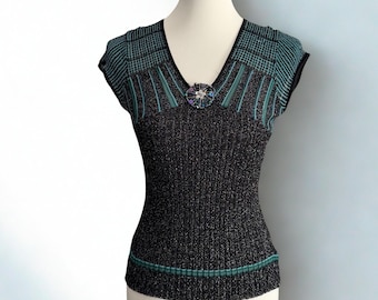 Vintage Laura Ashley metallic gebreide top, blauwgroen en zwart geribbelde korte mouw, maat Small