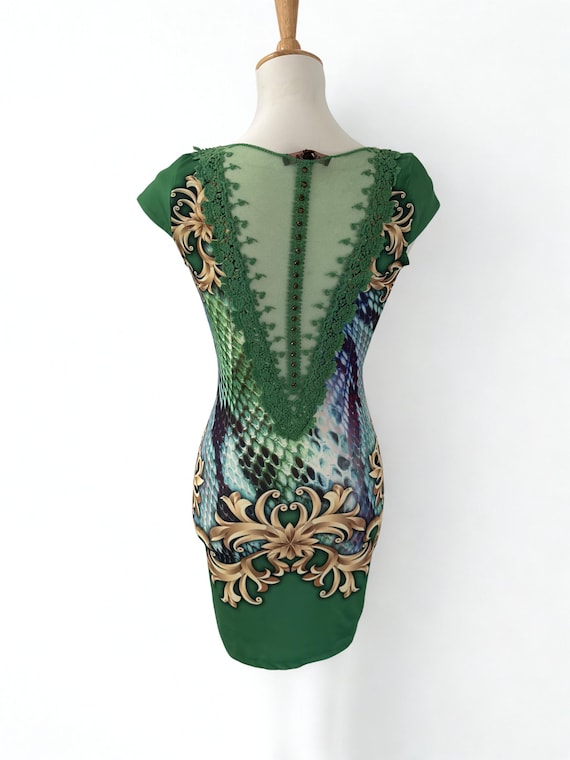 roberto cavalli crochet dress Baroque Snake Print Mini Dress, Embellished Back, Size XS green ombre over crochet detailing beaded Rock & Roll Cowgirl Knitted dresses Size:9.5 US | 41 EU | 7 UK
