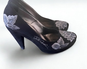 Vintage Roberto Cavalli Black Embroidered Heels, Silver Floral Stilettos, 00s Designer, Size 37