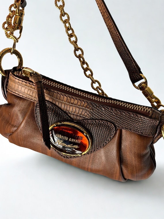 Roberto Cavalli Freedom, Y2K Brown Leather Mini Shoulder Bag, Gold 