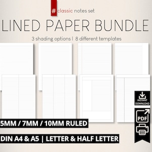 May include: A digital download graphic featuring a "LINED PAPER BUNDLE" with 8 different templates and 3 shading options. The paper includes 5mm, 7mm, and 10mm ruled lines, available in DIN A4 & A5, Letter & Half Letter sizes. Includes a PDF download icon.