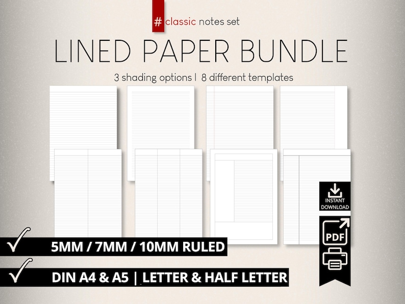 Printable Lined Paper Bundle – Ruled Pages PDF/PNG for A4, US Letter ...