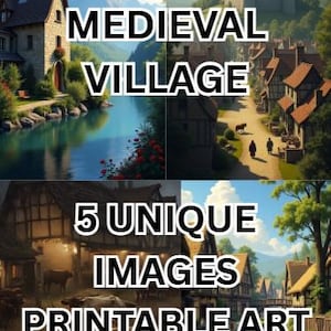 Medieval Village Digital Artwork – Rustic Fantasy Town Printables (Set of 5)