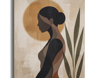 Lienzo con silueta de mujer negra, arte abstracto minimalista femenino, decoración de pared en tonos tierra, obra de arte de perfil elegante y moderna, hogar sereno