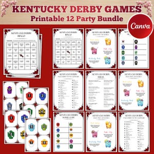 Op de afbeelding: Een verzameling afdrukbare Kentucky Derby-partyspellen, waaronder bingo, trivia en cocktailrecepten. De bundel bevat een verscheidenheid aan kleurrijke ontwerpen, waaronder jockeyzijden en cocktailillustraties. De tekst "Kentucky Derby Games" staat bovenaan.
