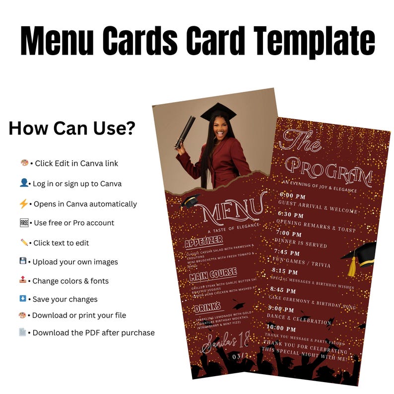 Graduation Puple Menu Card Red and Golden Graduation Menu Template, Elegant Graduation Dinner Menu ...
