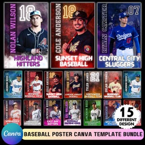 15 poster di baseball modificabili, pacchetto di modelli modificabili Canva, banner per senior, carte da baseball, sfondi per baseball, modelli sportivi, poster personalizzati