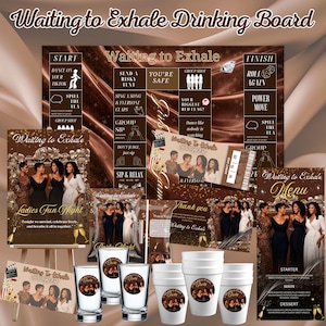 Könnte beinhalten: Eine Sammlung von Partyartikeln mit braunem und goldenem Thema, darunter ein Trinkbrettspiel, Schnapsgläser, Pappbecher und eine Speisekarte. Die Artikel zeigen den Text "Waiting to Exhale" und Bilder von Frauen. Ideal für einen Mädelsabend.
