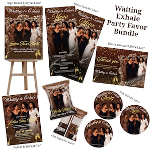 Könnte beinhalten: Ein Party-Geschenk-Bundle mit einem Schild, Menükarten, Dankeskarten, Chipstüten, Cupcake-Toppern und einem Poster. Die Artikel zeigen eine Gruppe von Frauen in Abendgarderobe mit goldenen Akzenten und dem Text "Waiting to Exhale".