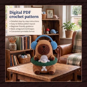 Op de afbeelding: Een digitaal PDF-haakpatroondocument met de tekst Digital PDF crochet pattern, Detailed step-by-step instructions, Easy-to-follow pattern layout, Beginner-friendly guidance, Basic amigurumi techniques en Convenient printable format.