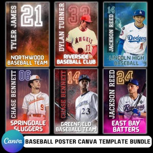 Pacote com 15 modelos editáveis de beisebol do Canva, faixas para formandos, cartões de beisebol, cenário de beisebol, modelo de pôster, criação de pôster personalizado