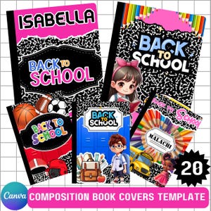 20 Composition Book Cover Designs, Canva Editable Templates, Back to School Design, Customizable Printable Notebook Covers