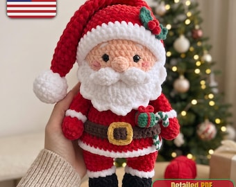 May include: A plush Santa Claus doll made of red, white, and black yarn. The figure features a red hat with a white pom-pom, a white beard, a brown belt with a yellow buckle, and black boots. A small green gift and candy cane are held in one hand.