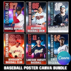 Pacchetto di 10 modelli modificabili per poster di baseball Canva, striscioni per senior, carte da baseball, sfondi per baseball, modelli per poster, crea poster personalizzati