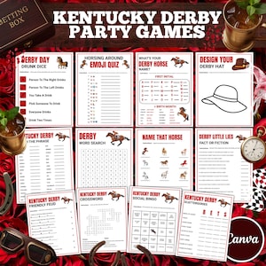 Puede incluir: Una colección de juegos de fiesta del Derby de Kentucky, que incluyen una búsqueda de palabras, un cuestionario de emoji y trivia. Los juegos presentan temas de carreras de caballos y están diseñados para una reunión divertida. El texto "Kentucky Derby Party Games" se muestra en la parte superior.