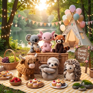May include: A collection of six crocheted stuffed animals including a koala, axolotl, red panda, highland cow, sloth, and hedgehog. They are arranged on a picnic blanket with baskets of fruit, small cakes, and a sign reading Forest Picnic Party.