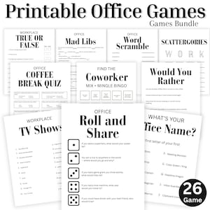 Könnte beinhalten: Eine Sammlung druckbarer Bürospiele, darunter "Wahr oder Falsch", "Mad Libs" und "Wortsalat". Das Paket bietet verschiedene Spieltypen, wie Quiz, Bingo und "Would You Rather", die alle für Spaß im Büro konzipiert sind. Der Text "26 Game" ist sichtbar.