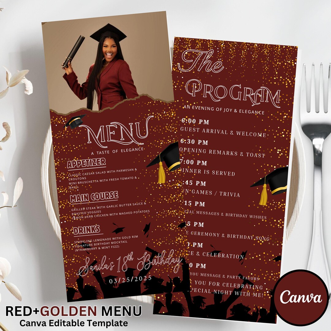 Red and Golden Graduation Menu Template, Elegant Graduation Dinner Menu ...