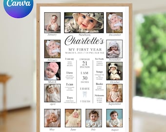 Minimalist Baby 1st Birthday Milestone Sign, Milestone Photo Collage Sign, Printable Year Board, Baby Born Birthday, Canva Editable Template