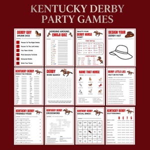 May include: A collection of Kentucky Derby party games printed on a maroon background. Games include "Drunk Dice", "Emoji Quiz", "Name That Horse", and "Scattergories". Each game features a horse and jockey graphic.