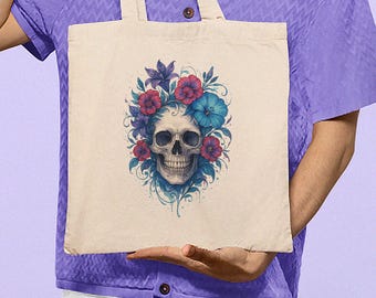 Personalized Skull Flower Tote Bag: Gothic Floral Cotton Canvas
