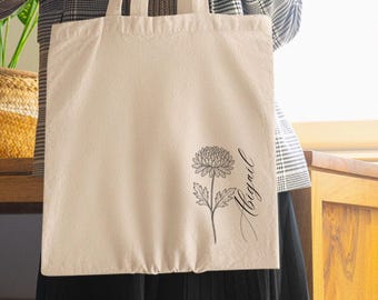 Personalized Birth Month Flower Tote Bag: Custom Line Art Cotton Gift