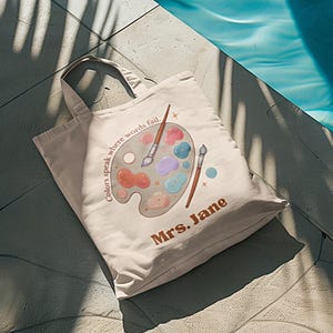 Sacola de lona artística com nome personalizado – Bolsa reutilizável 100% algodão com estampa de paleta colorida para amantes da arte e professores
