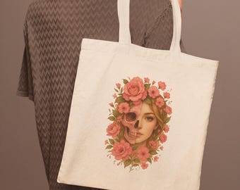 Personalized Cotton Tote Bag with Floral Skull Girl Art, Aesthetic Canvas Bag for Gift or Daily Use, 9 Unique Gothic Floral Prints