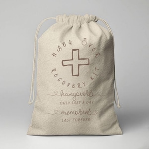 Hangover Recovery Kit Bag, Wedding Party Favor, Bachelorette Gift Bag, Custom Cotton Drawstring Pouch, Natural Fabric, Hangover Kit
