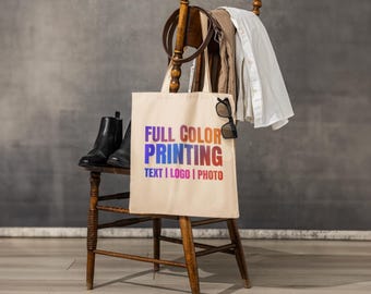 Bolsa de lona impresa a todo color, con logotipo o texto personalizado, bolsa de compras de algodón ecológico, regalo personalizado para mujeres y hombres.
