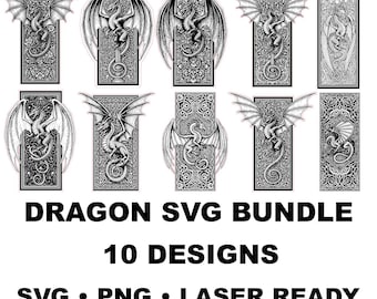 Dragon SVG Bundle | Fantasy Dragon Laser Cut Files | 10 Designs SVG PNG | Medieval Fantasy Dragon bookmarks