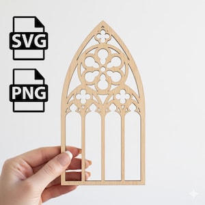 Pode incluir: Um recorte de madeira de cor clara em forma de janela de catedral gótica. O design inclui uma rosácea e um topo arqueado. A imagem também mostra ícones de tipo de arquivo SVG e PNG.