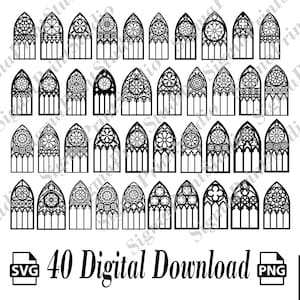 May include: Black and white digital download featuring 40 gothic window designs. Each window has a unique floral or geometric pattern. Includes SVG and PNG file formats for crafting and design projects.