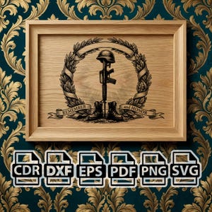 May include: A wooden framed plaque featuring a black and white illustration of a military memorial. The design includes a helmet, rifle, and boots within a laurel wreath, with the words "Remember and Honor" on a banner. The frame is light brown.