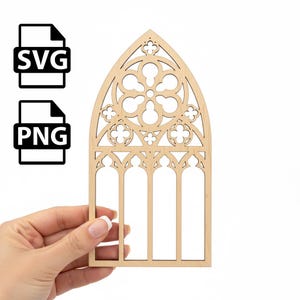 May include: A wooden gothic window design, laser-cut with an arched top and detailed floral and geometric patterns. The image includes the text "SVG" and "PNG" in black.