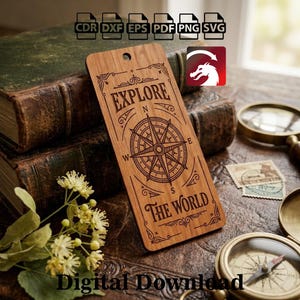 May include: A rectangular wooden bookmark featuring a laser-engraved compass rose design, the text EXPLORE THE WORLD, and decorative filigree borders. The bookmark has a small circular hole at the top and is presented as a digital download file.