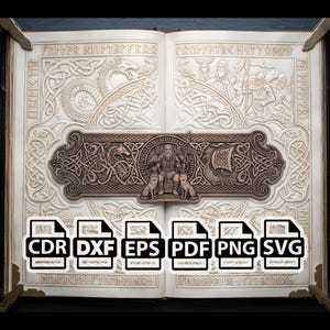 May include: A detailed open book with Norse-inspired carvings. The central panel shows Odin flanked by wolves and a longboat. The pages feature relief carvings of a dragon and figures. File type icons are at the bottom.