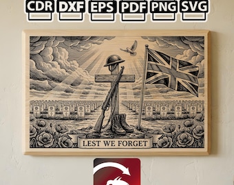 Lest We Forget SVG | Remembrance Day Laser Engraving File | Veteran Memorial SVG | Soldier Cross Poppy Engraving |