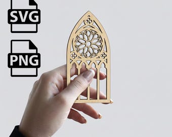 Gotiskt bågfönster SVG med ros | Blommigt katedralfönster laserskuret fil | Cricut Glowforge SVG PNG | Medeltida gotisk ramdesign