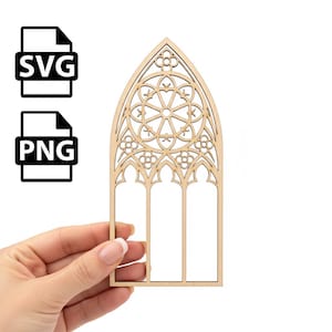 May include: A wooden cathedral window design, laser-cut with an arched top and a circular pattern. The design has three vertical panels. The image also includes SVG and PNG file type icons.