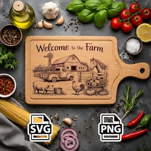 May include: Wooden cutting board with the text "Welcome to the Farm" and a farm scene engraving. The scene includes a barn, truck, horse, pig, and rooster. The board has a handle and is surrounded by fresh ingredients.