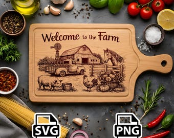 Welcome to the Farm SVG PNG | Farmhouse Cutting Board Laser File | Barn Scene Engraving | Rustic Kitchen Decor Vector | Ready |