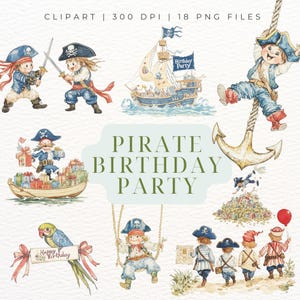 Clipart de fiesta de cumpleaños pirata / Lindos piratas infantiles de acuarela retro PNG / Mapa del tesoro, barco, globos, barco, espada / Arte de cuentos vintage