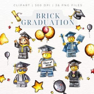 Building Block Graduation Clipart | Cute Watercolor Lego Inspired Kids Graphics | School Boy Girl Grad PNG |Class of 2025| Printable Diploma