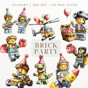 Bauklotz Party Clipart | Niedliche Aquarell Lego inspirierte Kindergrafiken | Geburtstag Spielzeug Sofortiger digitaler Download | Backsteinfigur PNG