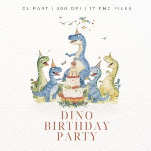 Clipart de fiesta de cumpleaños de dinosaurio / Lindo dinosaurio acuarela PNG / Guardería / Descarga digital para fiesta infantil / T-Rex PNG / Mundo Jurásico / Arte vintage