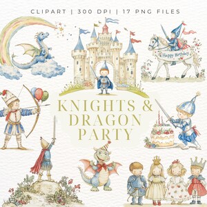 Leuke grillige draak en ridder clipart | PNG's voor sprookjesfeest | Verhalenboek verjaardagskunst | Middeleeuws kinderdecor | Vintage-stijlillustraties