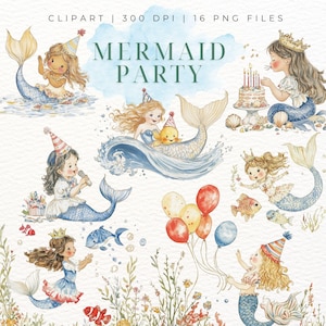 Meerjungfrau-Geburtstags-Party Clipart | Aquarell kleine Meerjungfrauen PNG | Unter dem Meer Party, Ocean Geburtstag Dekor, Vintage illustrierte Kunst